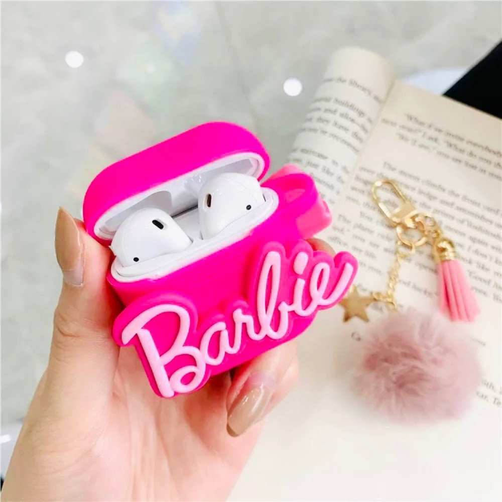Barbie 3D Retro Air Pods Cover with Charm Keychain Puffball for AirPods 1/2